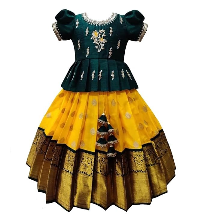 White Button Girls Jacquard New South Indian Traditional Pattu Pavadai Jecquard Readymade Lehenga Choli