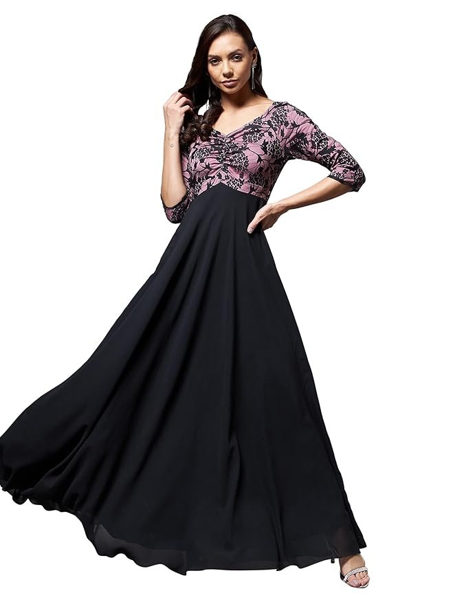 Miss Chase Women's Sweet-Heart Neck 3/4 Sleeve Self Design Fit & Flare Maxi Dress with Pockets