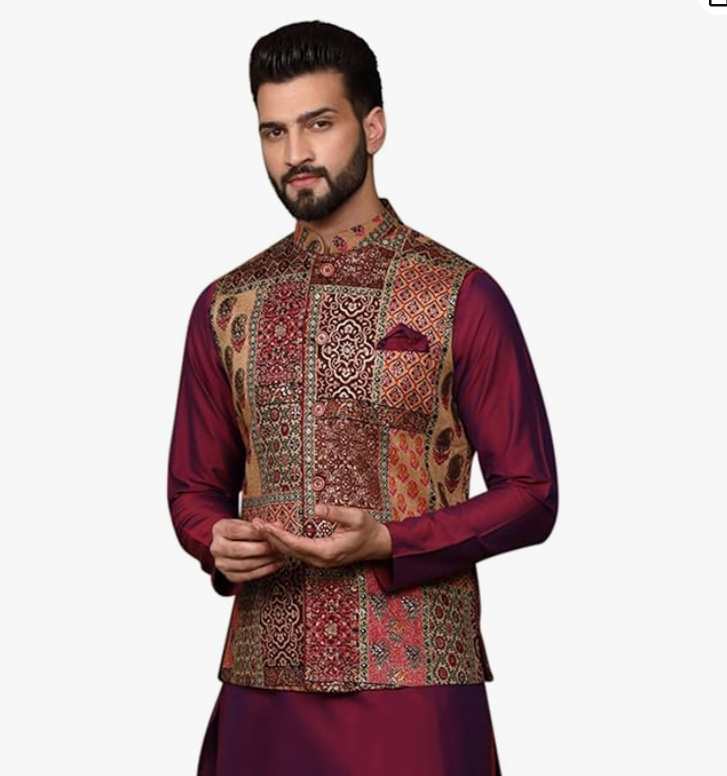 KISAH Men's Ethnic Wear Regular Fit Printed Cotton Blend Multi-Maroon Nehru Jacket