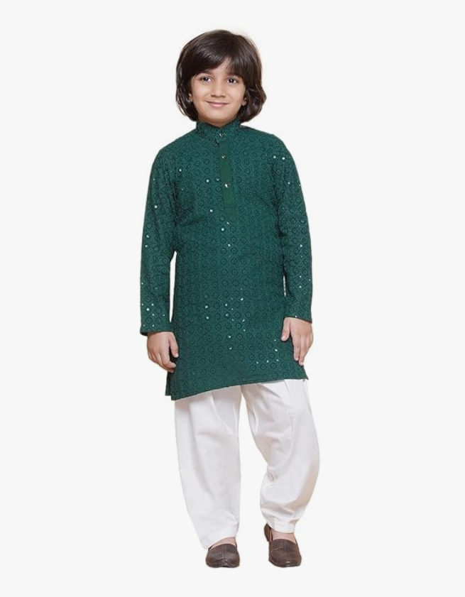 AJ DEZINES Kids Ethnic Wear Cotton Sequined Chikankari Kurta Pyjama Set For Boys