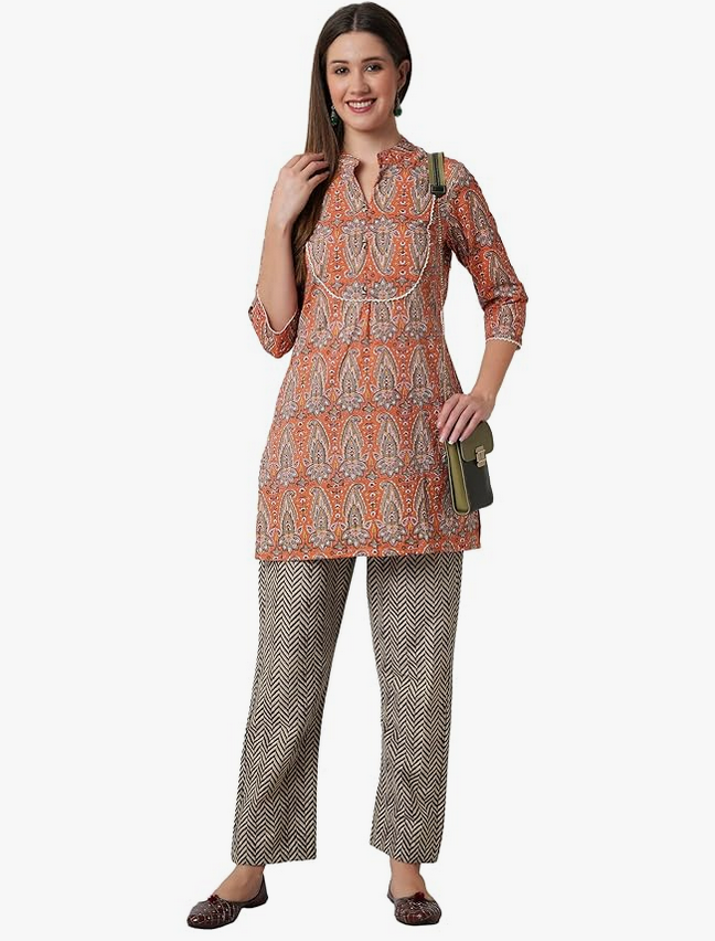 miss fame Women's Cotton Short Kurta with Pants - (Orange)